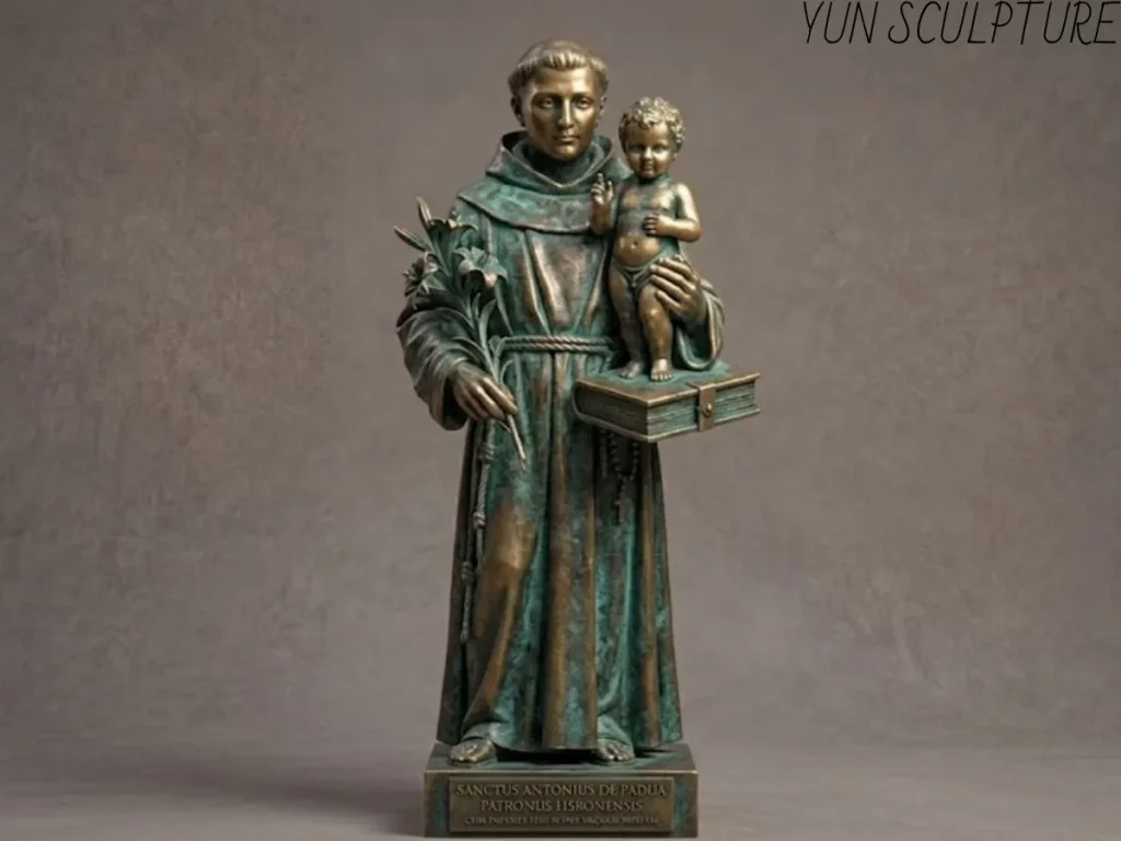 A cast bronze statue of St. Anthony of Padua supporting the Infant Jesus standing on a book, featuring a detailed lily and a weathered green patina, demonstrating expert structural engineering in religious sculpture.