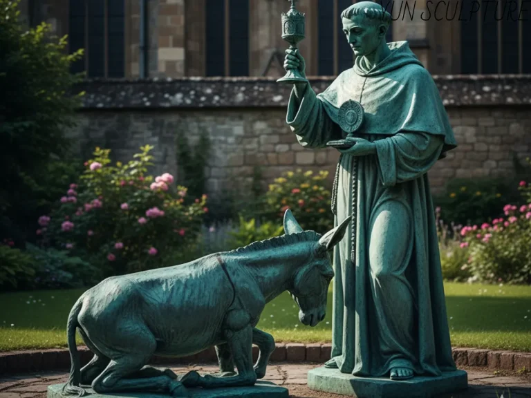 A dual-figure bronze statue depicting the Miracle of the Eucharist, showing St. Anthony of Padua holding a monstrance as a starving donkey kneels in adoration, showcasing proportional harmony in religious sculpture.