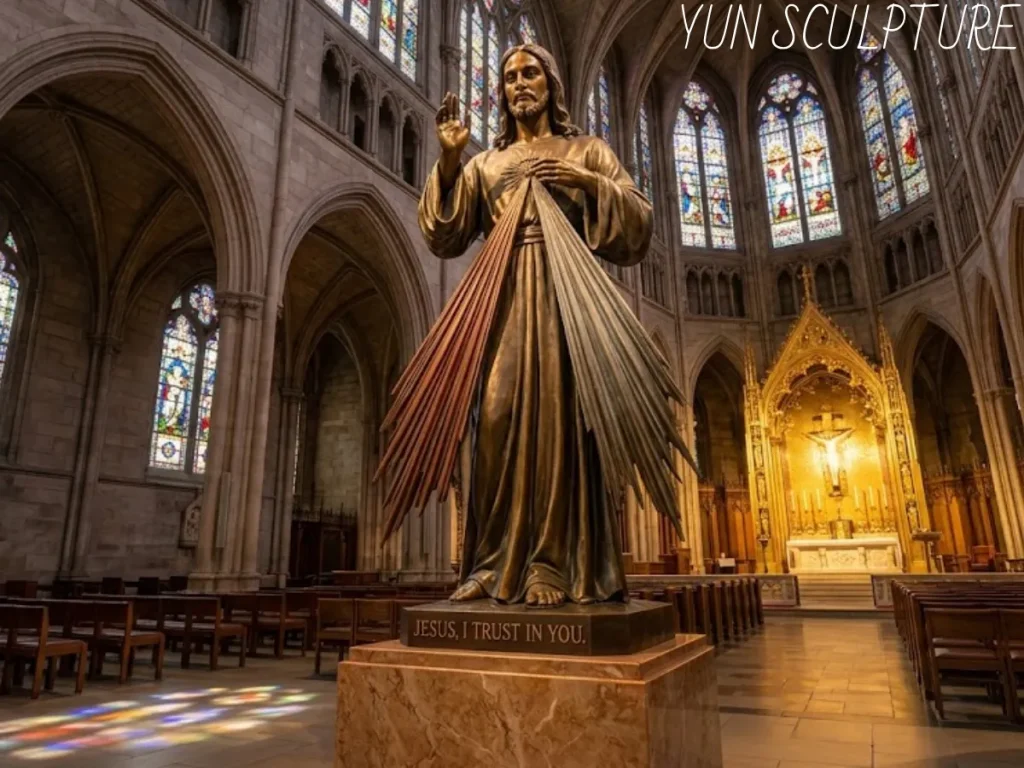 A breathtaking, full-scale bronze st faustina divine mercy statue standing majestically in a grand Gothic cathedral, illuminated by light from stained glass windows. Masterfully crafted to strict iconographic standards, this theologically precise instrument features the sacerdotal blessing of the right hand, the intimate gesture of the left, three-dimensional red and white rays, and the essential English inscription 'JESUS, I TRUST IN YOU' on its stone base, proving that every detail cast in bronze perfectly honors the exact reality of the 1931 vision.