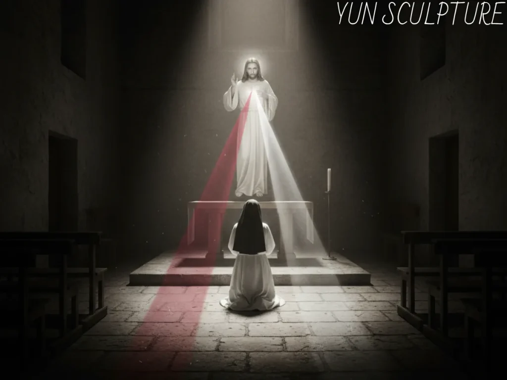 A dramatic, ethereal depiction of Saint Faustina kneeling in a dimly lit convent before a radiant divine mercy statue. Faithfully recreating her 1931 mystical vision, the glowing figure of Christ features a raised right hand and a left hand drawing back His white garment, with profound red and white rays emanating from His chest—perfectly visualizing the precise theological blueprint of blood and water that justifies and sanctifies humanity.