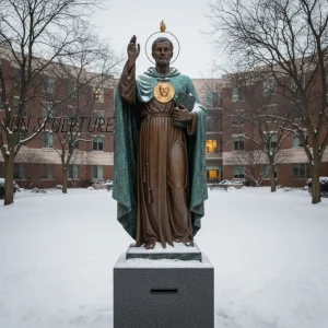 A durable outdoor bronze St. Jude statue in a snow-covered recovery center garden, featuring a soft verde antique patina and an empathetic facial expression designed for palliative care accompaniment.