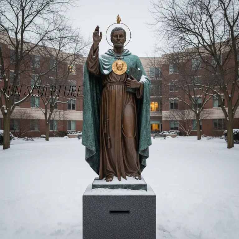A durable outdoor bronze St. Jude statue in a snow-covered recovery center garden, featuring a soft verde antique patina and an empathetic facial expression designed for palliative care accompaniment.