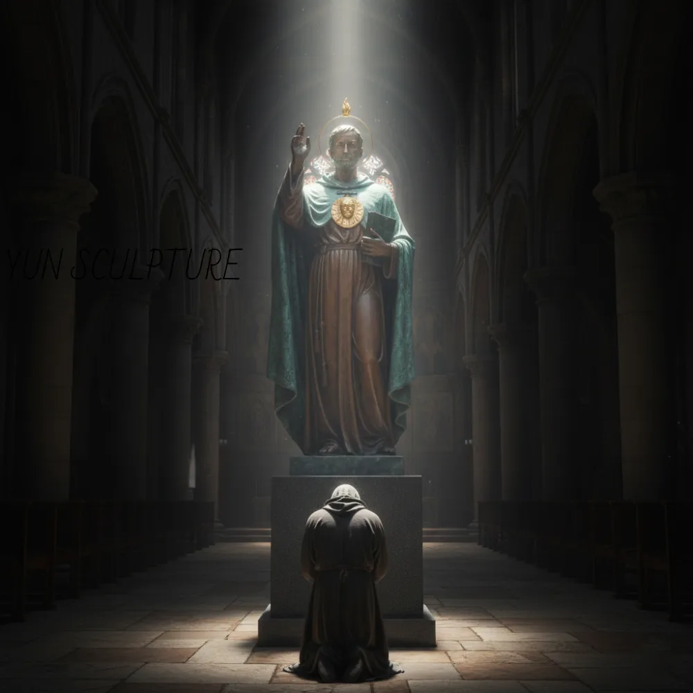 A life-size bronze statue of St. Jude Thaddeus with a verde antique cloak, featuring a reinforced flame and golden medallion, installed on a high pedestal in a clinical garden setting.