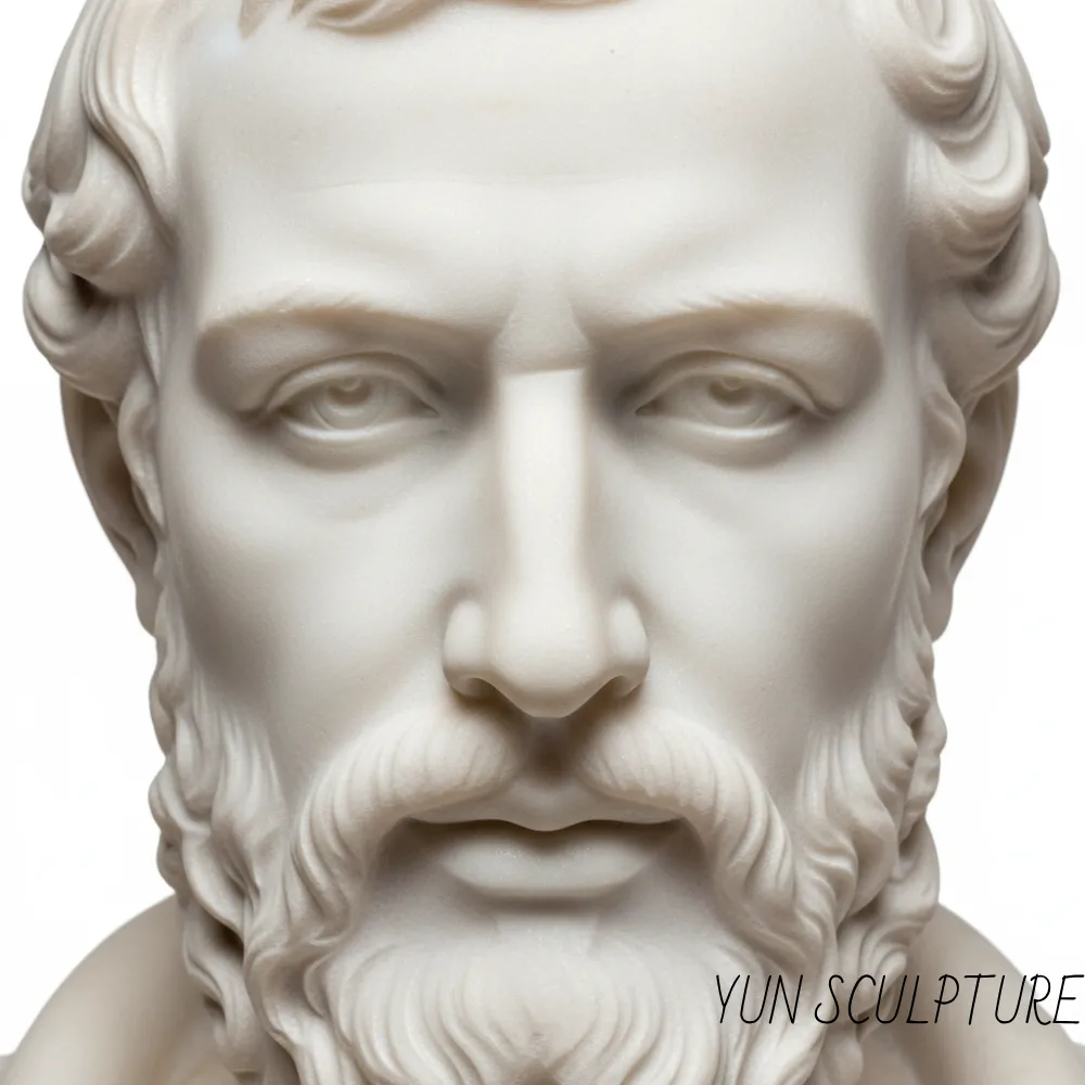 A close-up of a St. Jude marble statue hand-carved from white Carrara marble, showing the serene facial expression and the visual warmth of morbidezza created by Yun Sculpture.