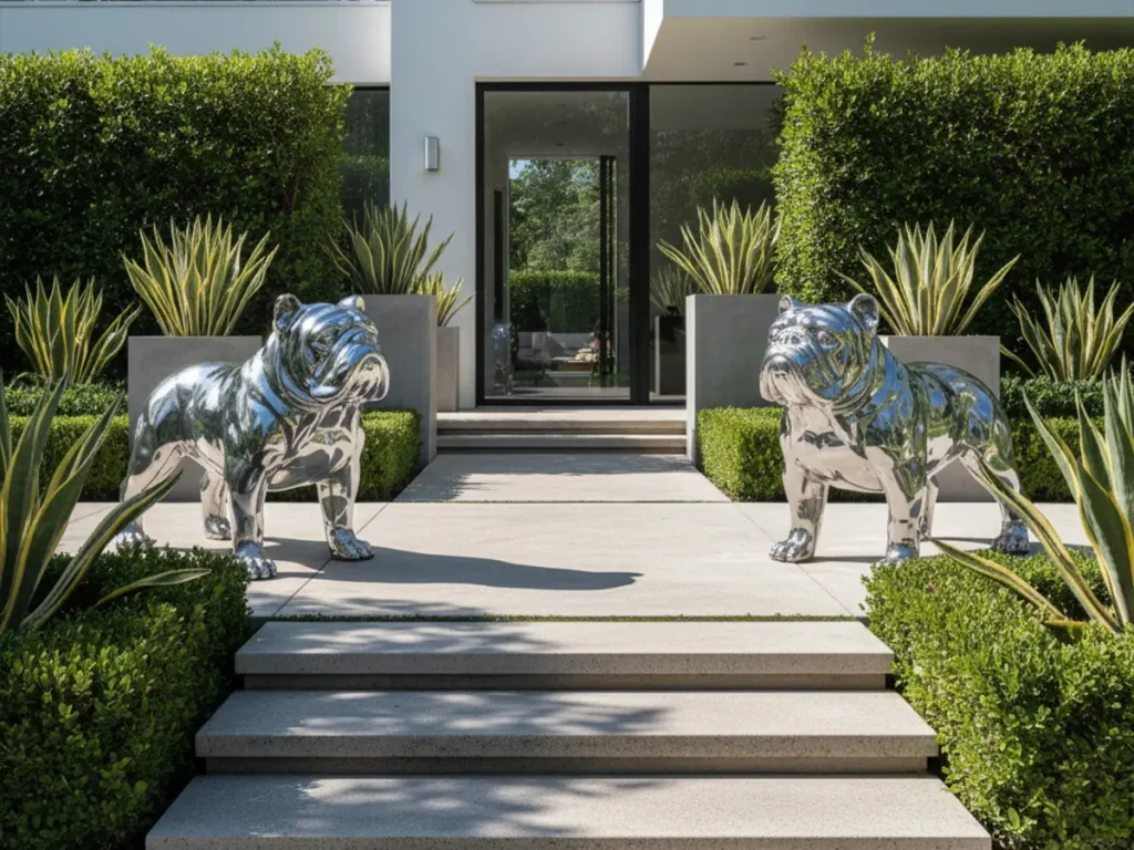 Pair of mirror polished stainless steel bulldog sculptures at the entrance of a modern estate garden