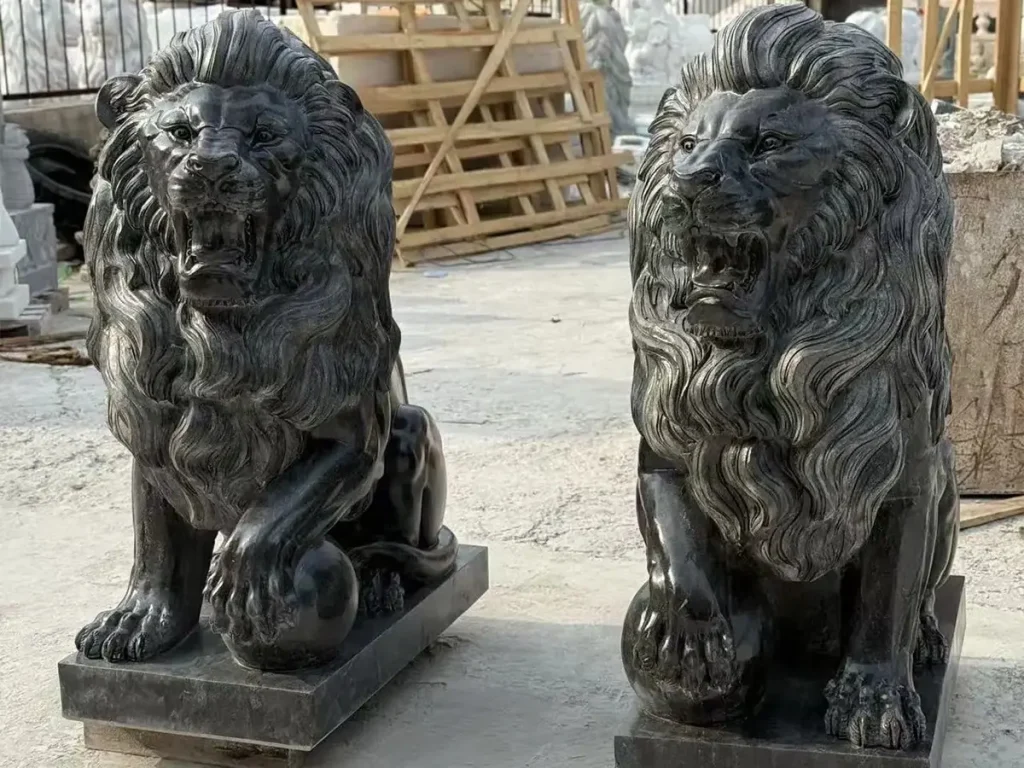 symmetrical black granite guardian lions front view