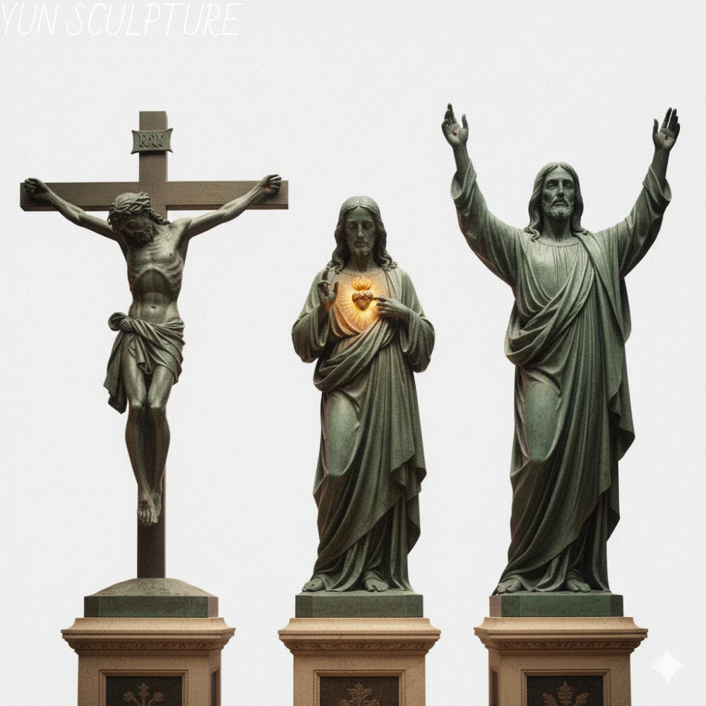 A powerful side-by-side visual comparison of three bronze catholic jesus statues on stone pedestals. On the left, a jesus on cross statue representing ultimate sacrifice; in the center, a luminous statue of the sacred heart of jesus symbolizing divine mercy; and on the right, a triumphant resurrection of jesus statue with outstretched arms, perfectly declaring the theology of sovereign victory.