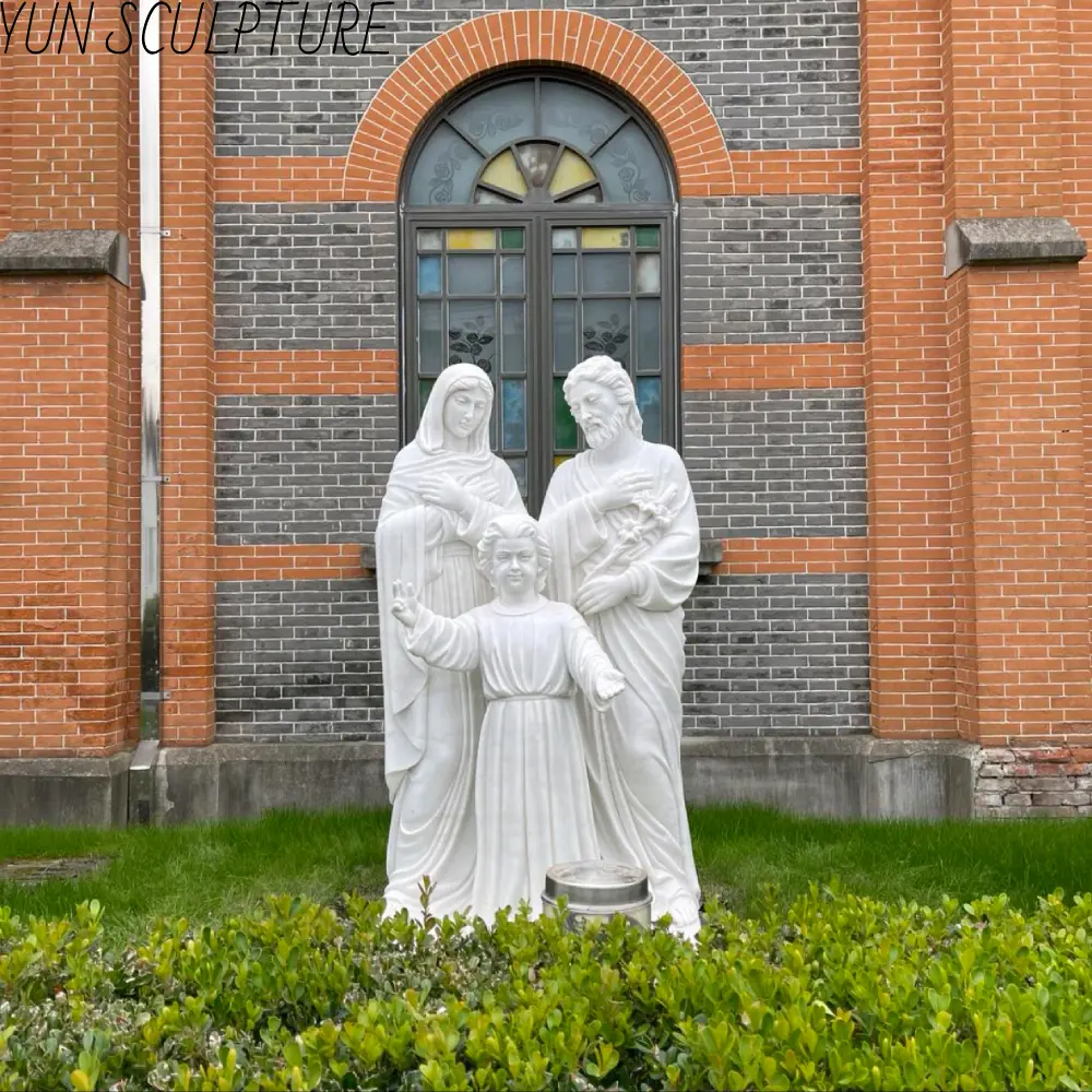 A collection of various marble Holy Family statues, illustrating different carving methods and theological designs for church and chapel installations.
