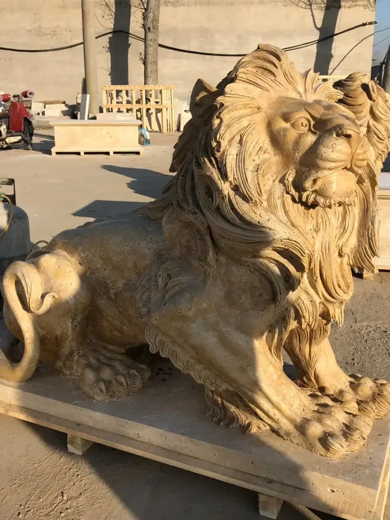Diagonal front-right view of a lifelike yellow marble lion sculpture with natural stone voids. The artwork captures an intense, majestic gaze and showcases fine mane details that perfectly replicate the layered texture of real fur, embodying classical anatomical principles.