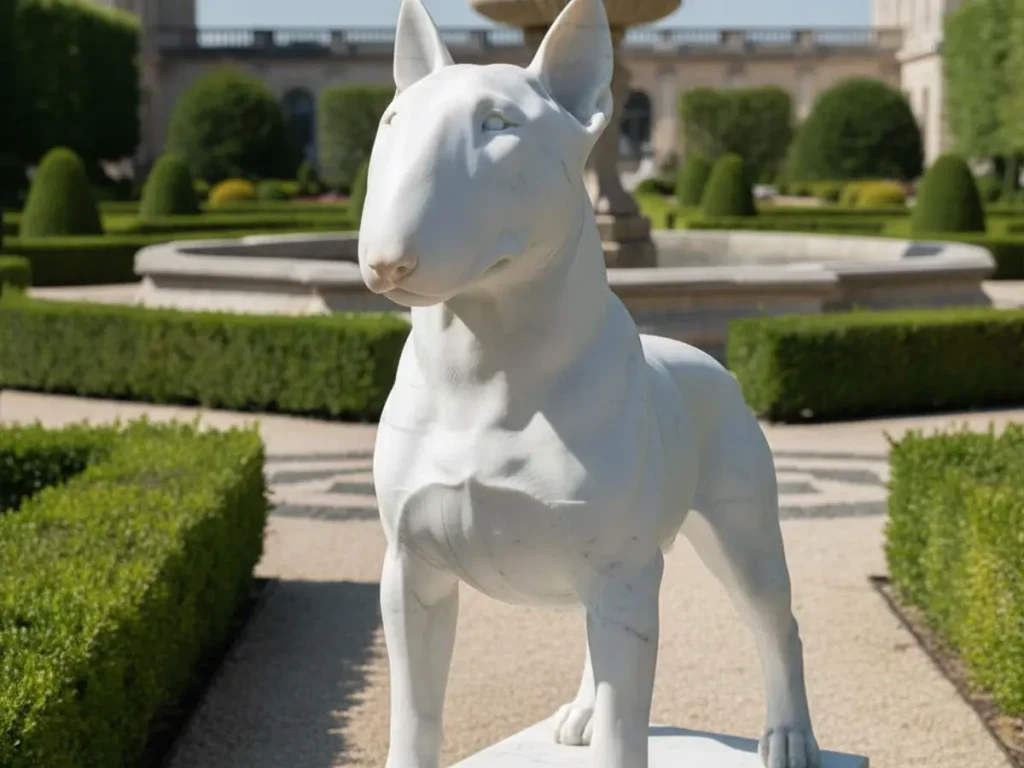 Hand carved white marble English Bull Terrier garden statue featuring the breed’s distinctive egg shaped head