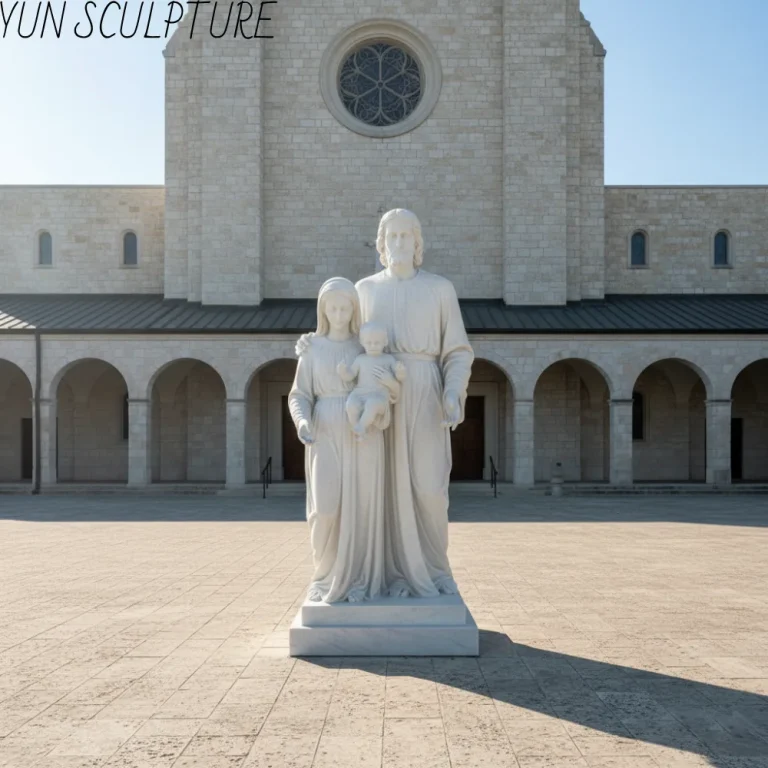 A life-size white marble statue of the Holy Family—Jesus, Mary, and Joseph—standing on a stone pedestal in a church plaza with arched walkways.