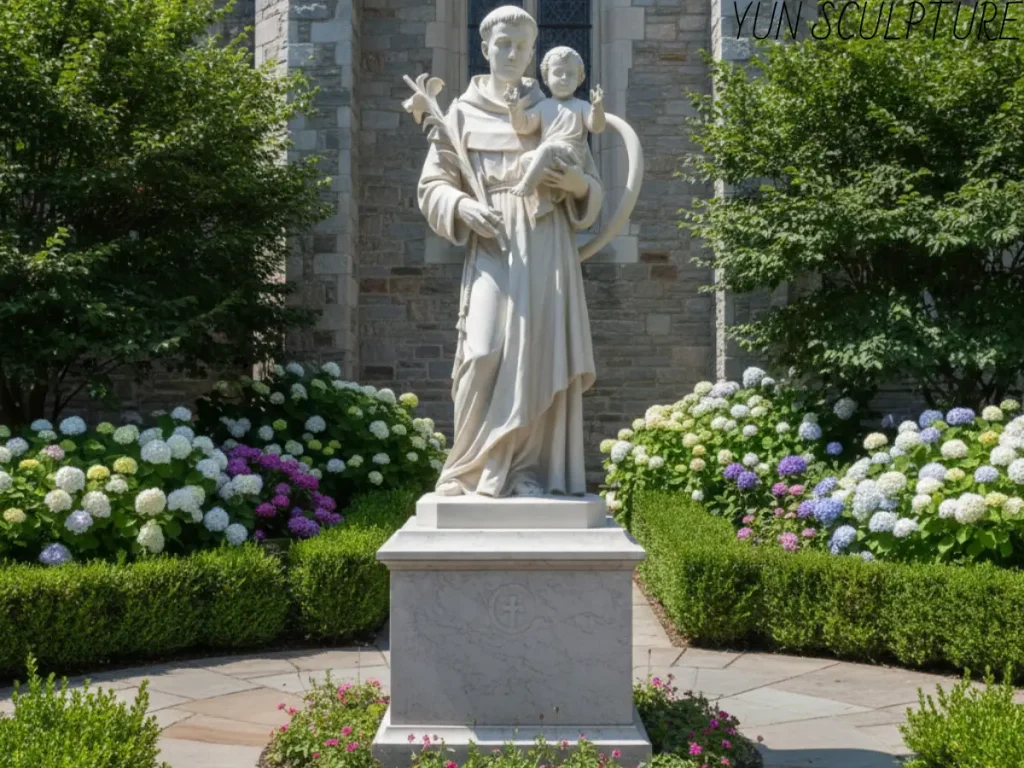 A premium white marble statue of St. Anthony of Padua with Infant Jesus, featuring a controlled polishing gradient and high-gloss finish on the faces, standing in a lush church garden sanctuary.