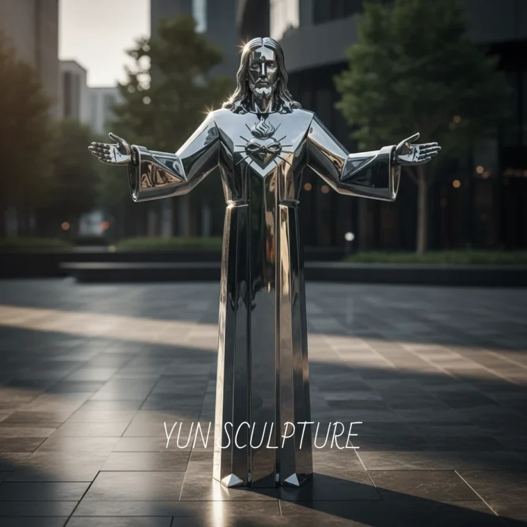 A contemporary stainless steel Outdoor Jesus statue crafted by YUN SCULPTURE. The geometric design features a flawless mirror-polished finish, perfectly illustrating how the resilient material reflects its surroundings to become a dynamic, living landmark.