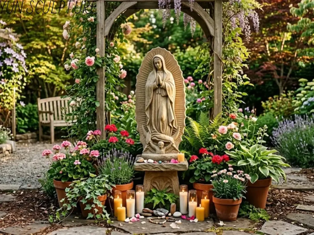 A 24-inch Our Lady of Guadalupe garden statue placed on a small stone pedestal within a private backyard sanctuary, surrounded by flowers and prayer candles for personal devotion.
