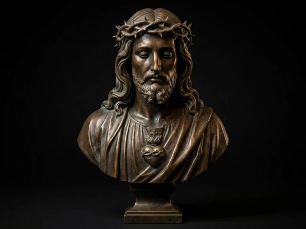 A Baroque-style Ecce Homo Jesus bust statue featuring an upward gaze, crown of thorns, and sorrowful expression, designed to evoke empathy and spiritual reflection on Christ's sacrifice.