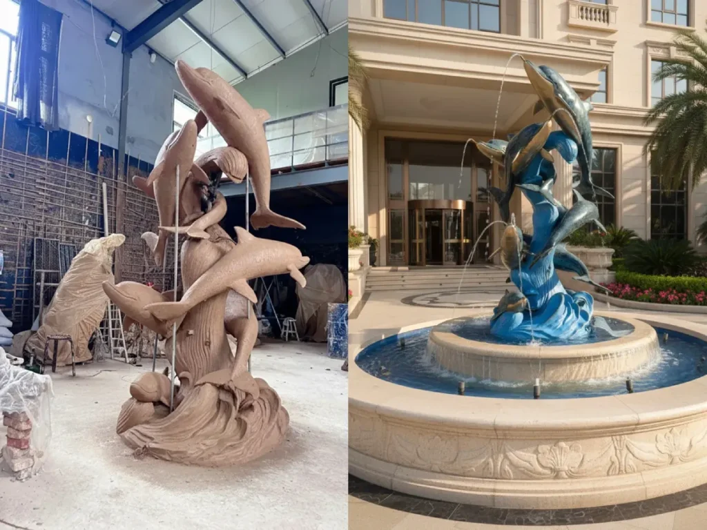 Large clay dolphin fountain model in factory and completed blue bronze dolphin water feature at estate entrance