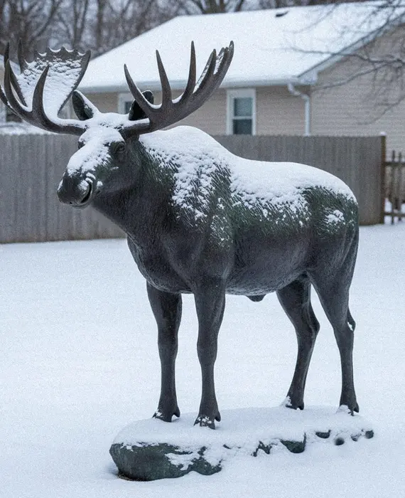 Bronze elk statue standing in winter snow weatherproof art