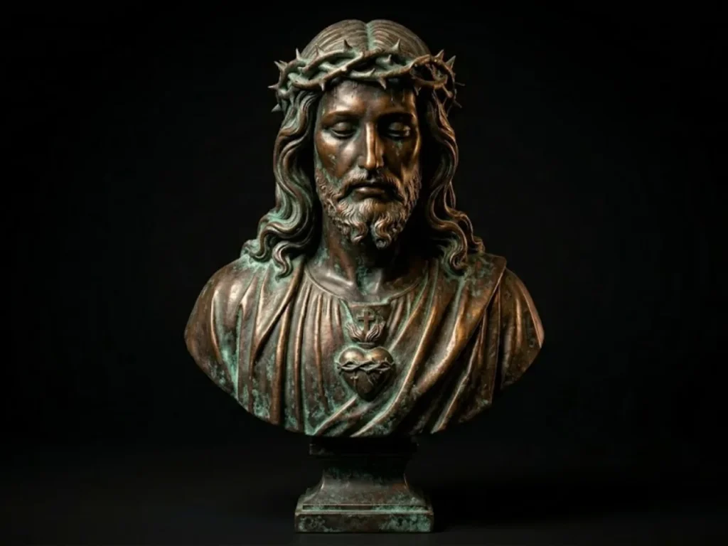 A dark bronze Jesus face statue crowned with thorns, highlighting the expert use of negative space between the thorns and hair to create a lifelike and reverent representation.