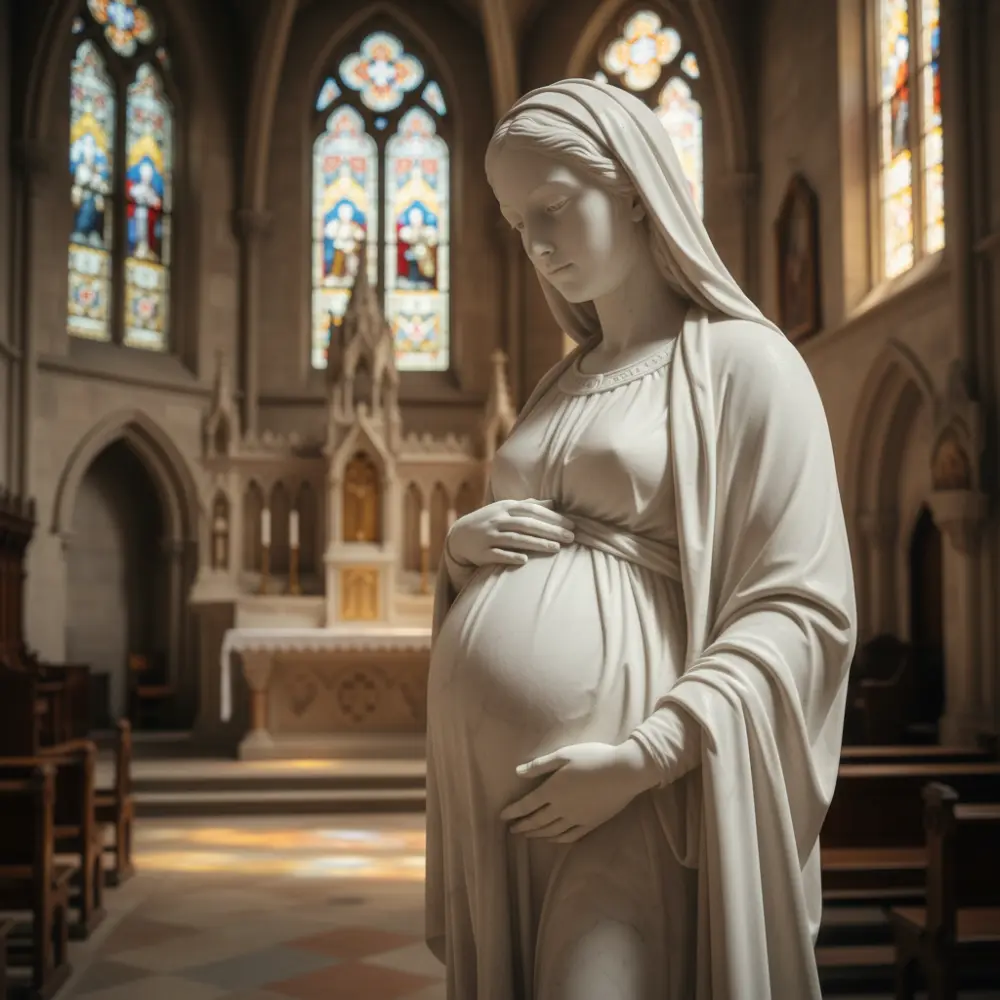 A close-up of a Maria Gravida statue's face, capturing a contemplative expression of interior prayer and anticipation, distinct from triumphant or sorrowful Marian imagery.