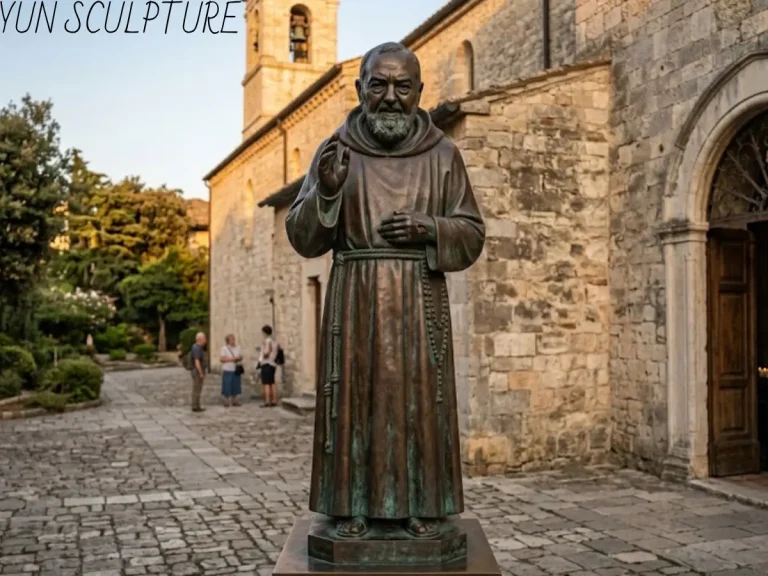 A lifelike custom bronze Padre Pio statue with historically accurate facial features, standing in a church courtyard to honor the saint's 20th-century photographic legacy.
