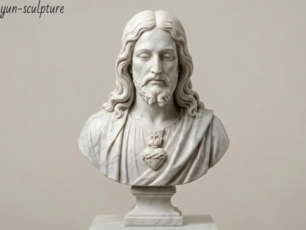 A refined white marble Jesus bust statue featuring the Sacred Heart, illustrating the high level of detail achieved through custom clay modeling and expert stone chiseling.