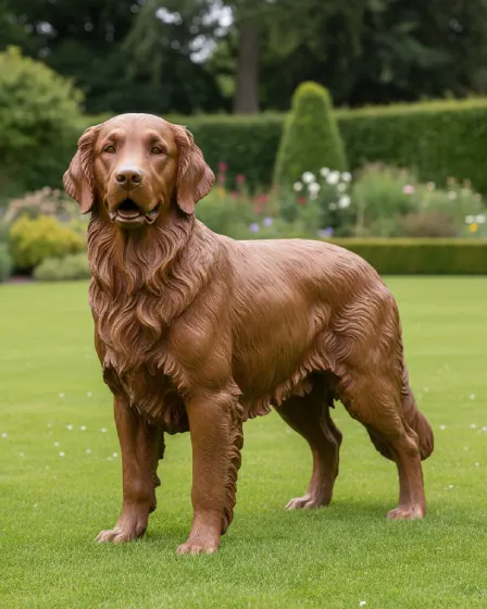Life-size bronze Golden Retriever statue with detailed fur texture on garden lawn
