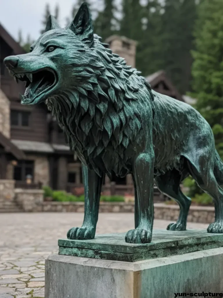 Green patina bronze wolf statue snarling on stone pedestal at mountain lodge