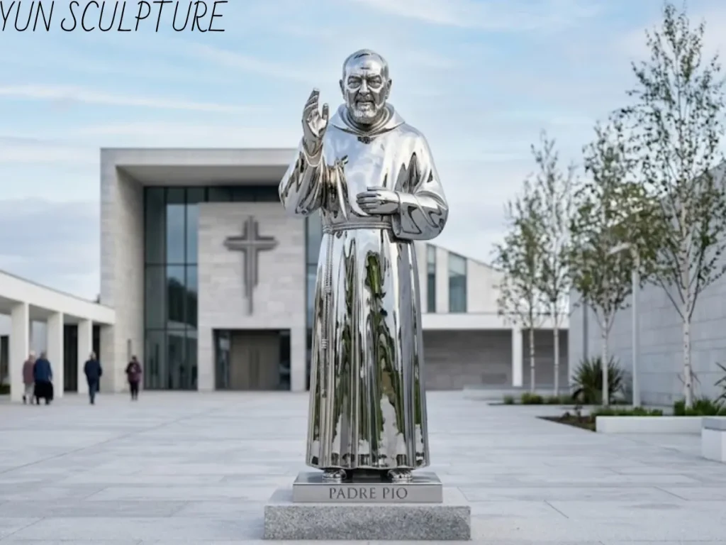 A modern Padre Pio statue with a mirror-like stainless steel finish, reflecting the surrounding contemporary church architecture to create a dynamic interplay of light and shadow.