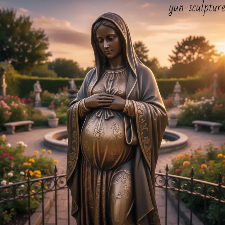 "An expectant Mary statue in a silent cloister setting, illustrating a tradition that spans fifteen centuries of a woman waiting in silence with the hope of the world."