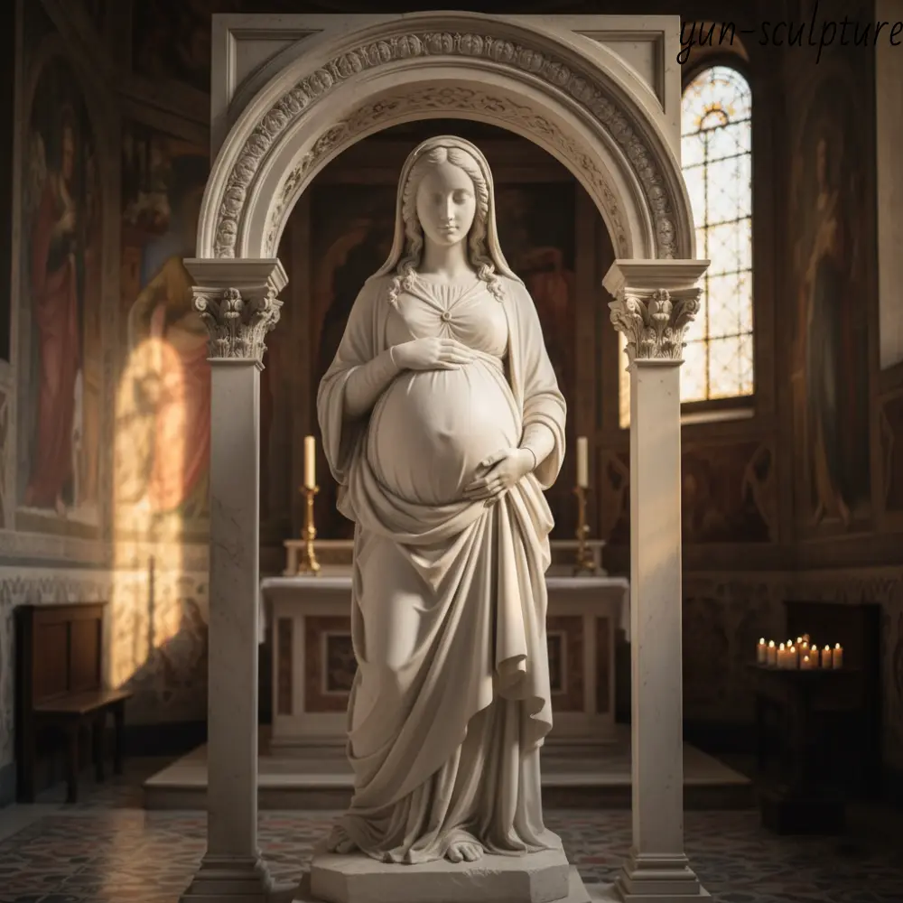 A marble statue of Our Lady of Childbirth, also known as Madonna del Parto, positioned in a church shrine as a protector for expectant mothers seeking a safe delivery.