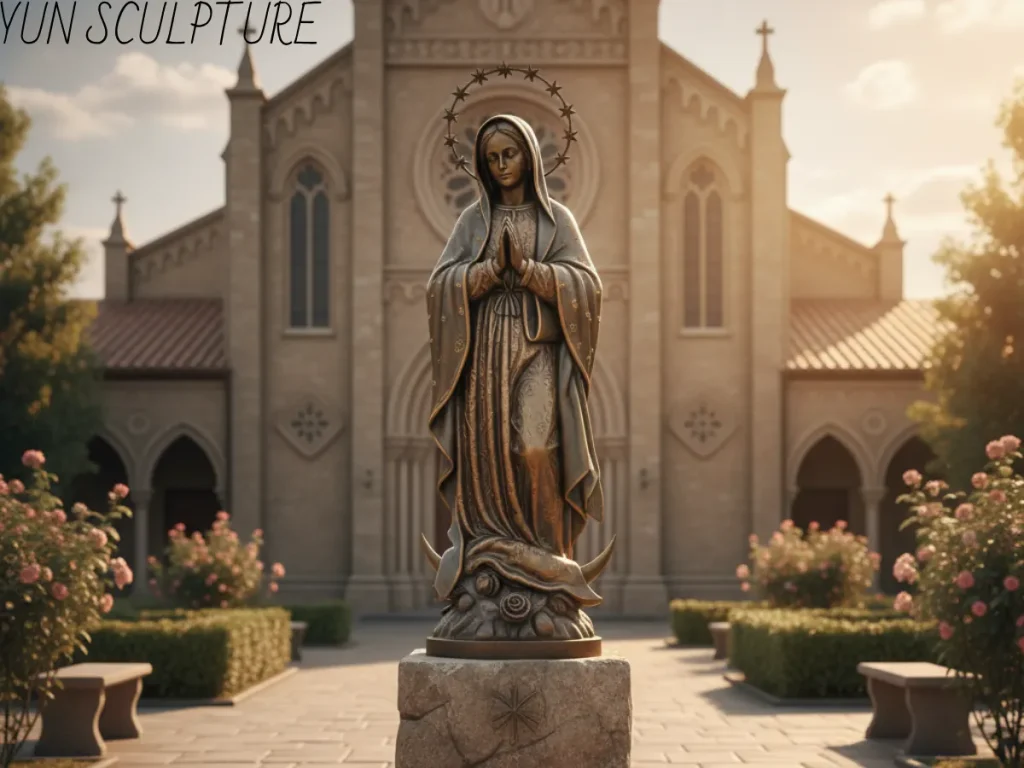 our lady of guadalupe church courtyard bronze statue