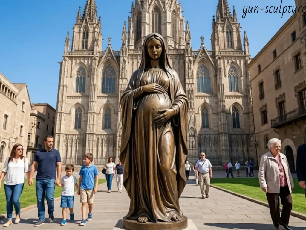 A monumental bronze 'Our Lady of Expectation' statue serving as a National Pro-Life Monument in a public square, symbolizing the permanence and endurance of the sanctity of life.