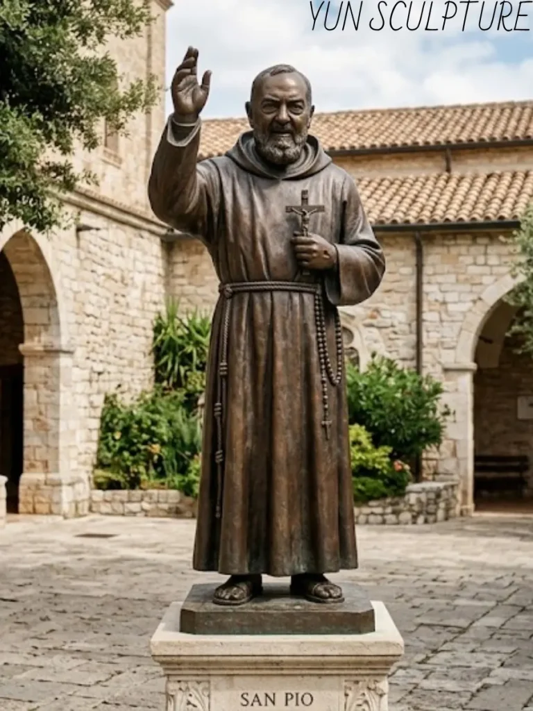 A custom bronze Padre Pio statue following the veiled tradition, depicting the saint wearing half-gloves to reverently conceal the stigmata, ideal for private devotion and home shrines.