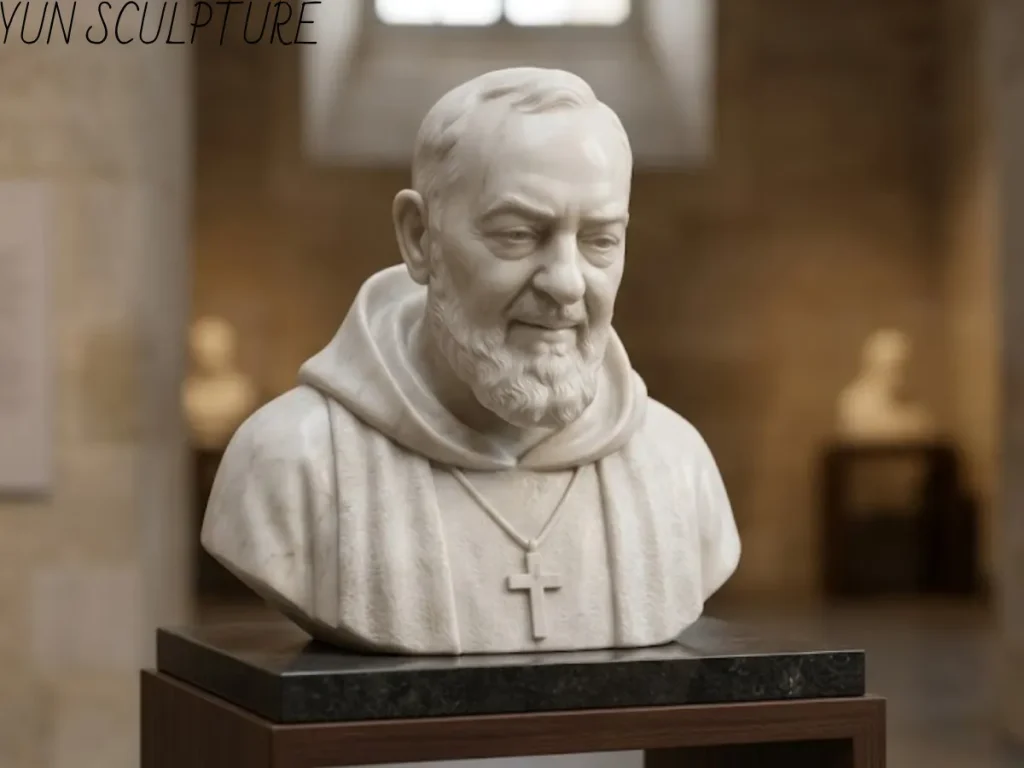 A high-precision white marble bust of Padre Pio, created through archival reconstruction and 3D digital modeling to ensure the face encountered in prayer is the one remembered by history.