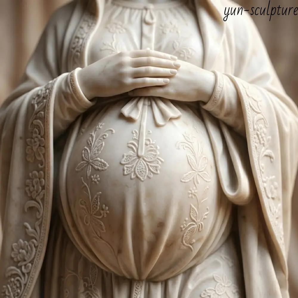 A serene marble pregnant Blessed Mother statue in a candlelit church, serving as a compassionate memorial for families seeking presence after miscarriage or stillbirth.
