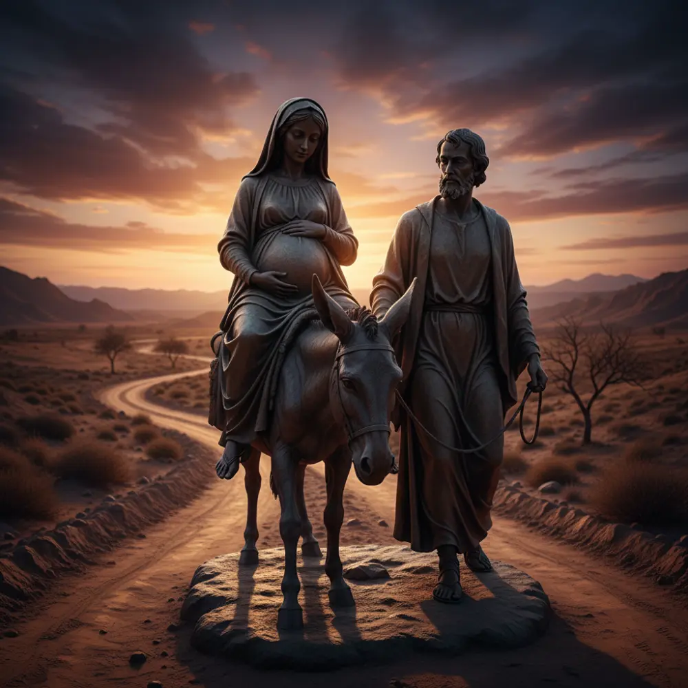 A narrative-driven pregnant Mary on donkey statue depicting the journey to Bethlehem, showing Mary riding the donkey with Joseph guiding her in a display of faith and protection.