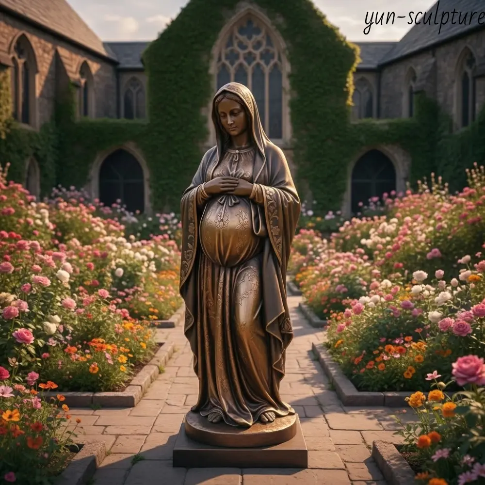 An expectant Mary statue situated in a quiet cloister garden, reflecting the Advent themes of waiting, expectation, and the hidden mystery of the Incarnation.