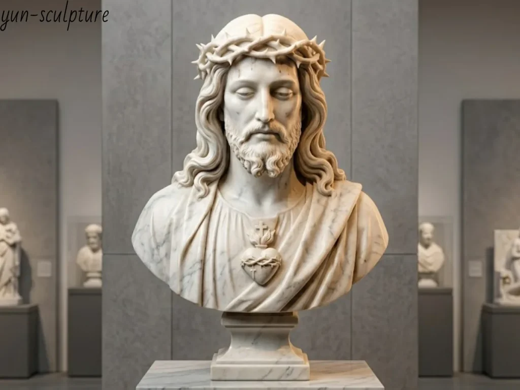 A meticulously crafted marble Jesus bust statue featuring the Sacred Heart and a crown of thorns, embodying a concentrated spiritual presence and divine mystery.
