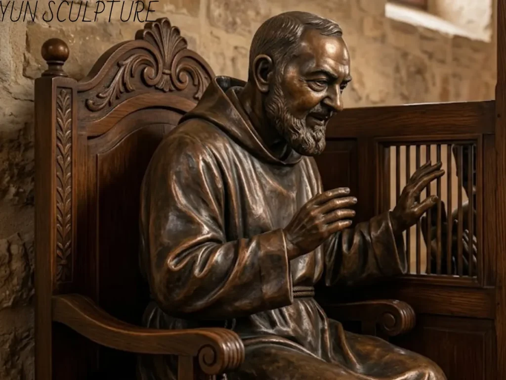 A seated bronze Padre Pio confession statue with a characteristically slight forward lean and folded hands, designed to invite penitents into a space of spiritual guidance and reconciliation.