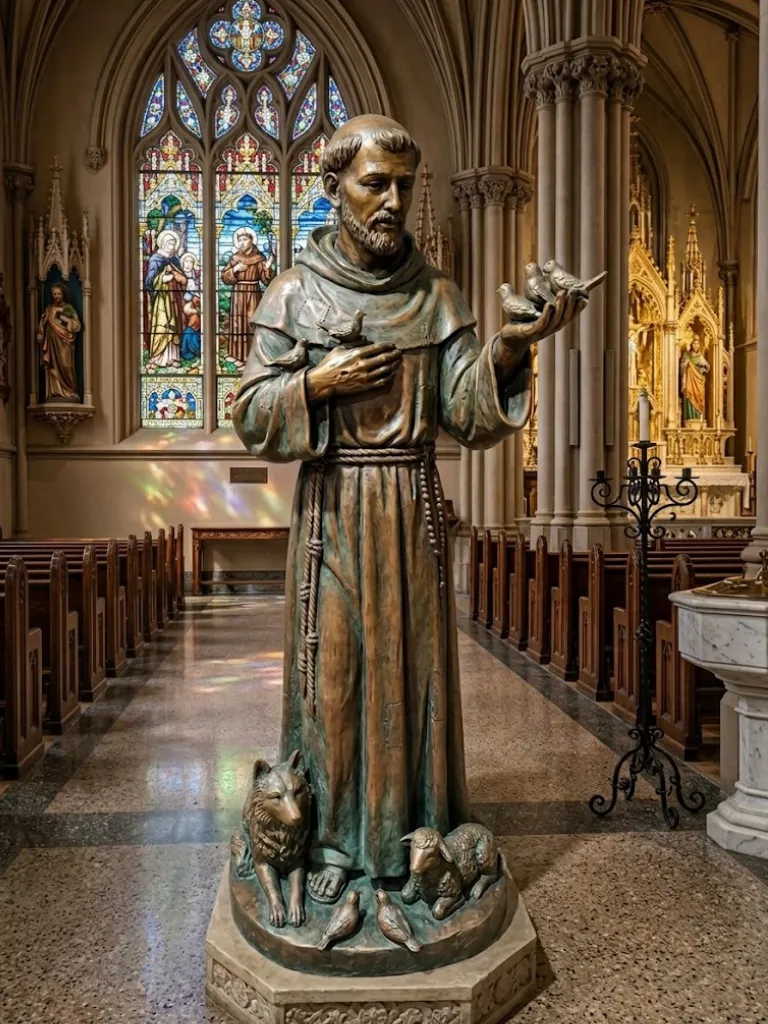 A large bronze statue of St. Francis of Assisi holding a bird, positioned in a cathedral aisle to demonstrate the scale and presence required for church courtyards.