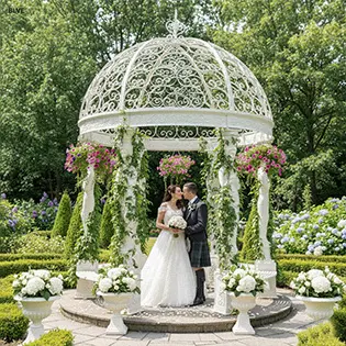 Luxury estate garden gazebo with floral decorations