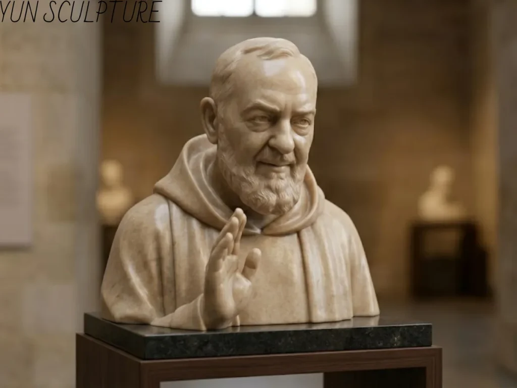 A hand-carved Padre Pio bust in warm beige-toned marble, featuring a translucent surface that captures the realistic skin texture and facial fatigue of the aged saint.