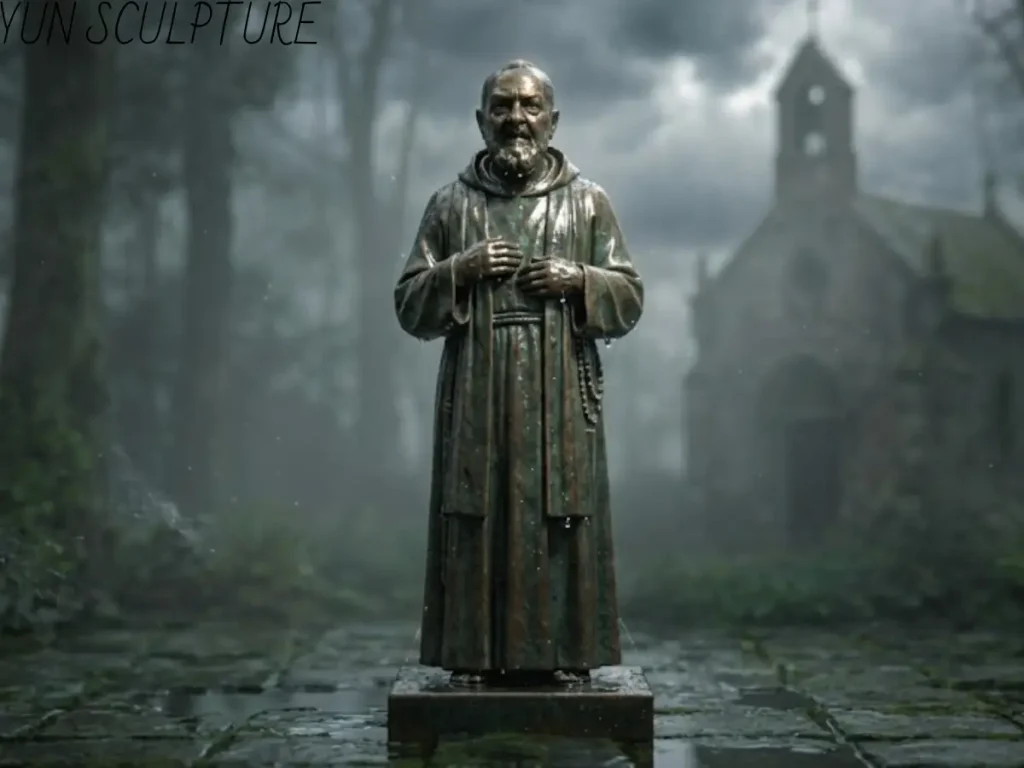A bronze Padre Pio outdoor statue in a misty forest shrine setting, demonstrating the material's resilience to moisture and temperature fluctuations while maintaining clarity of form.