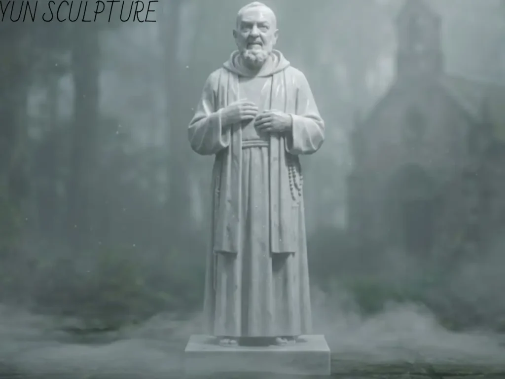 A durable stone Padre Pio statue in a misty environment, demonstrating the engineering confidence required for both marine-grade underwater installations and challenging terrestrial climates.