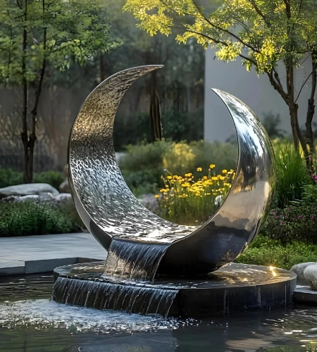 Modern abstract crescent moon stainless steel water feature sculpture for contemporary garden design