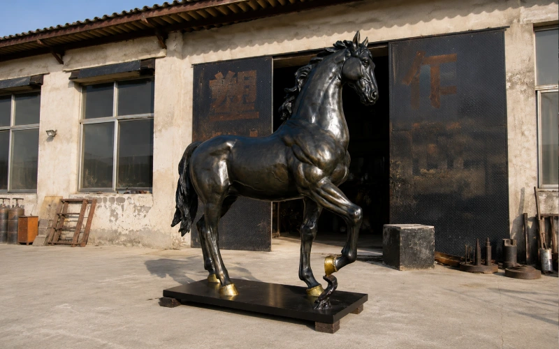 Black patina bronze horse statue displayed outdoors — Yun Sculpture