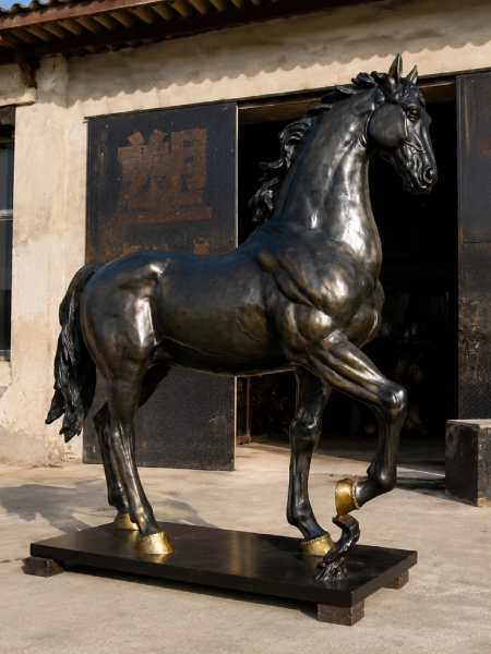 Majestic black bronze horse statue sculpture for outdoor landscape and animal wildlife collection