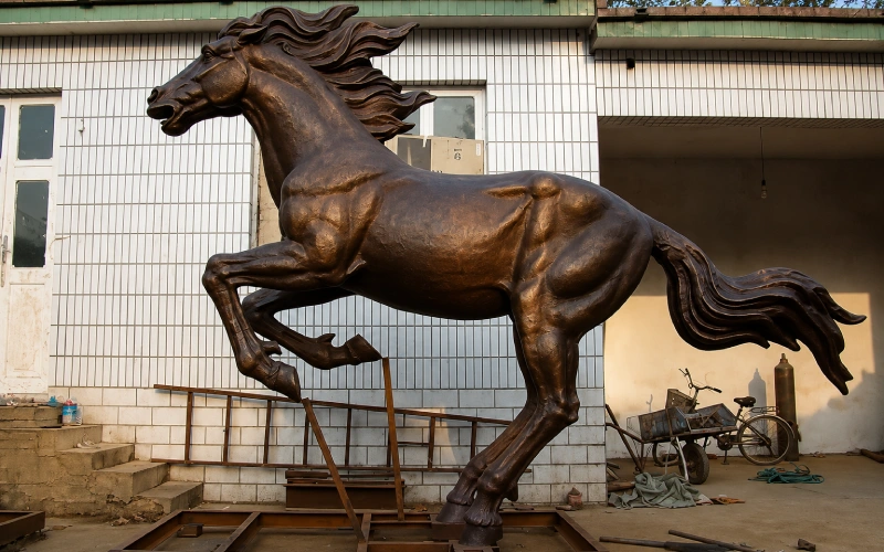 Bronze galloping racehorse sculpture with dynamic stride detail — Yun Sculpture