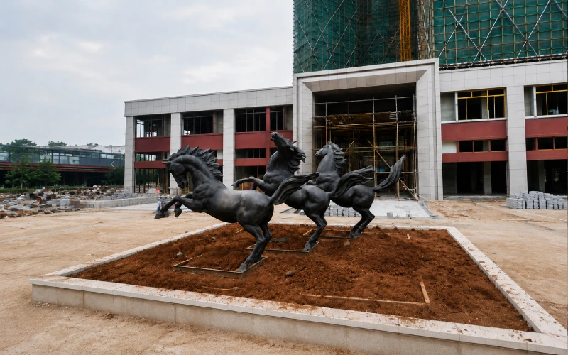 Group of bronze galloping horse sculptures installed in public park — Yun Sculpture