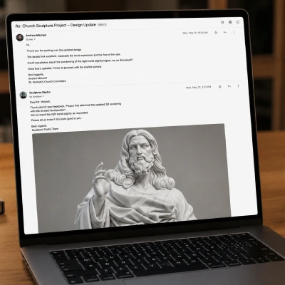 Church sculpture design consultation with client via email showing 3D statue rendering